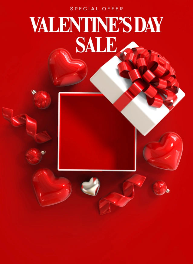 Valentine's Day sale advertisement with gift box and hearts on a red background