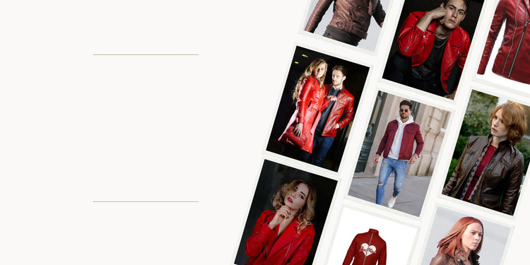 Collage of people wearing red jackets on a white background