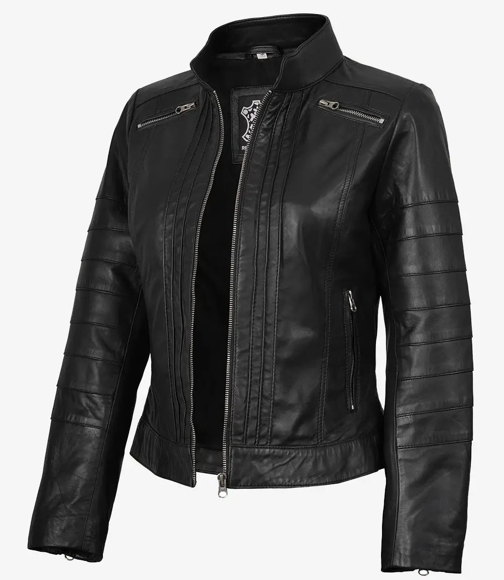 Women's Biker Style Black Sheepskin Leather Jacket