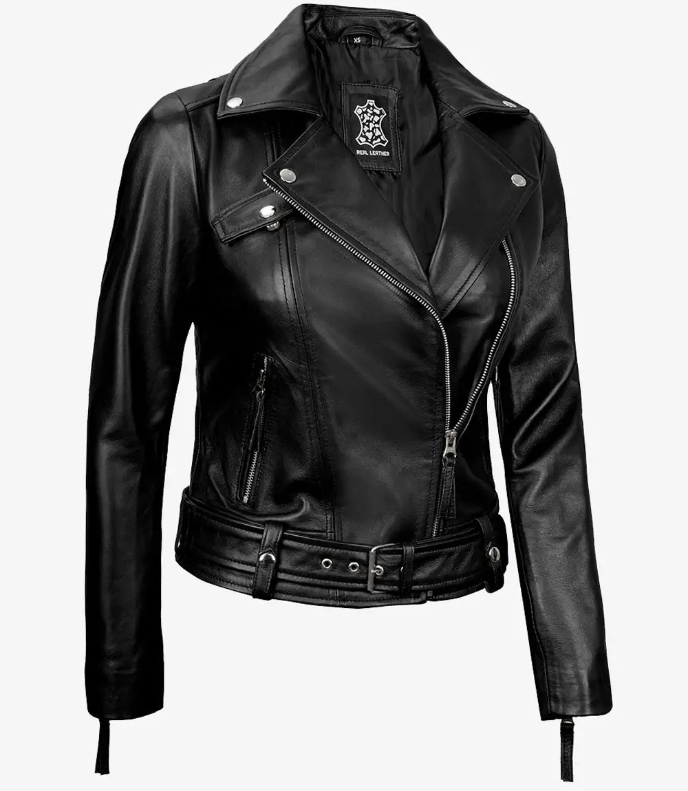 Women's Asymmetrical Biker Style Black Leather Jacket
