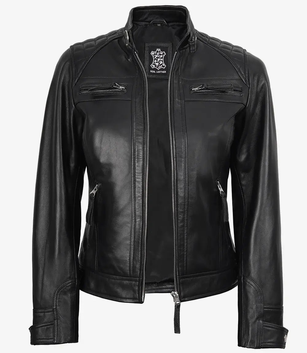 Women's Quilted Shoulder Black Leather Biker Style Jacket