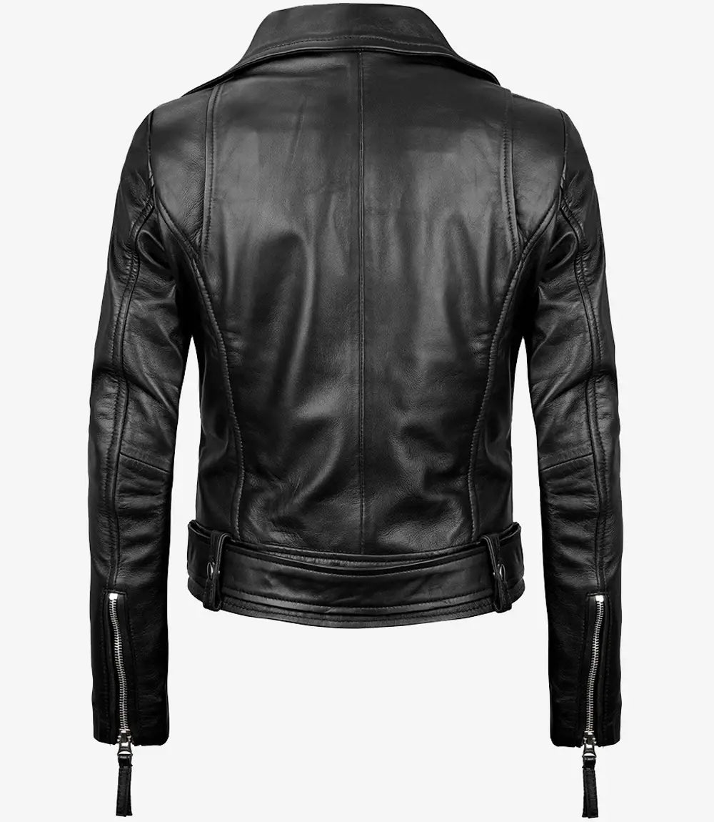 Women's Asymmetrical Biker Style Black Leather Jacket