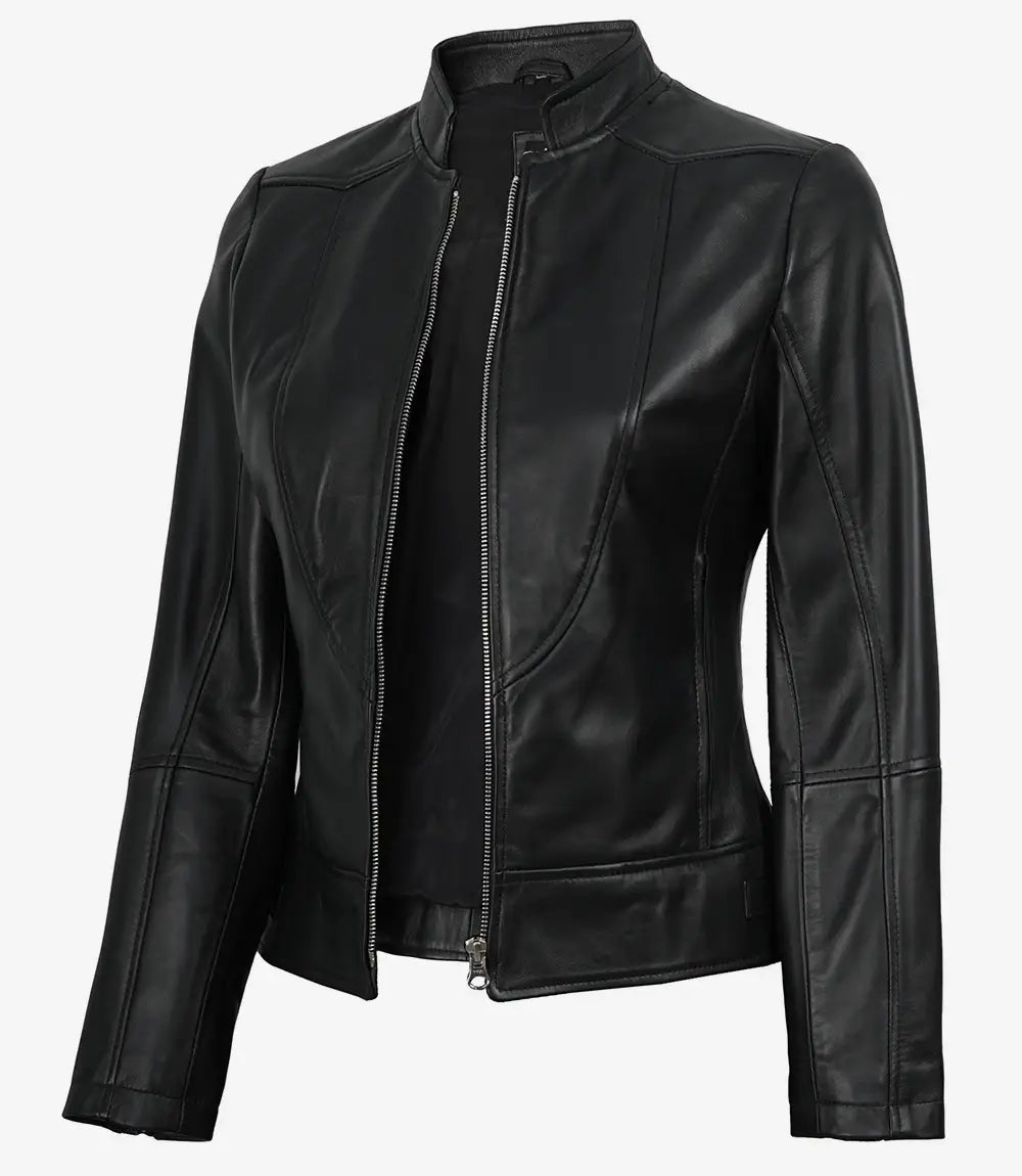 Women's Slim Fit Black Biker Style Sheepskin Leather Jacket