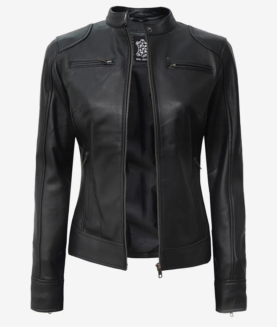 Women's Black Biker Style Sheepskin Leather Jacket