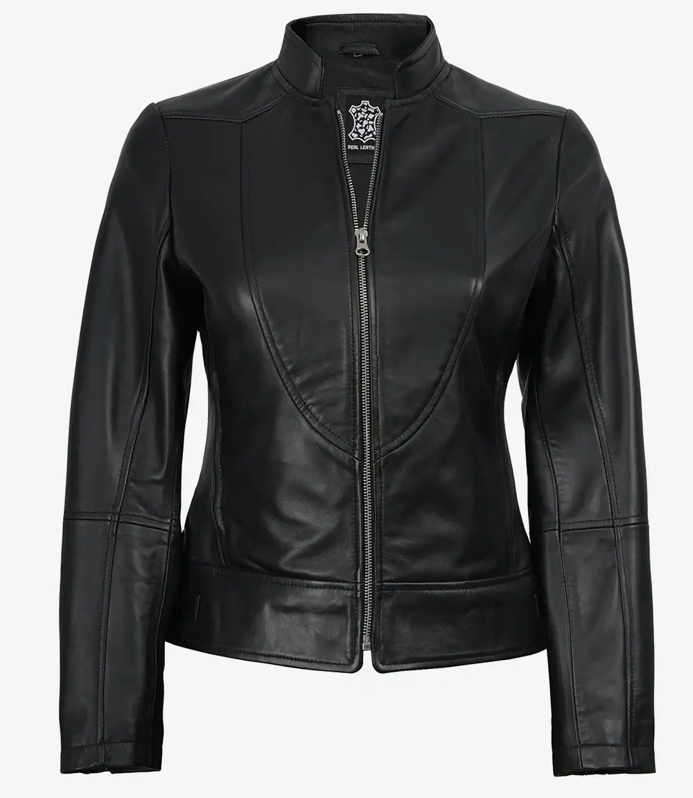 Women's Slim Fit Black Biker Style Sheepskin Leather Jacket