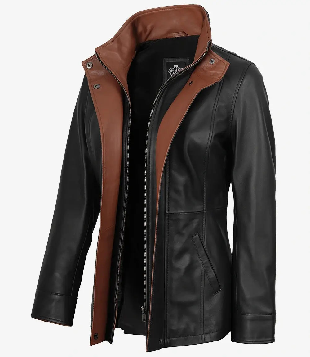 Women's High-Collar Black Lambskin Leather Jacket