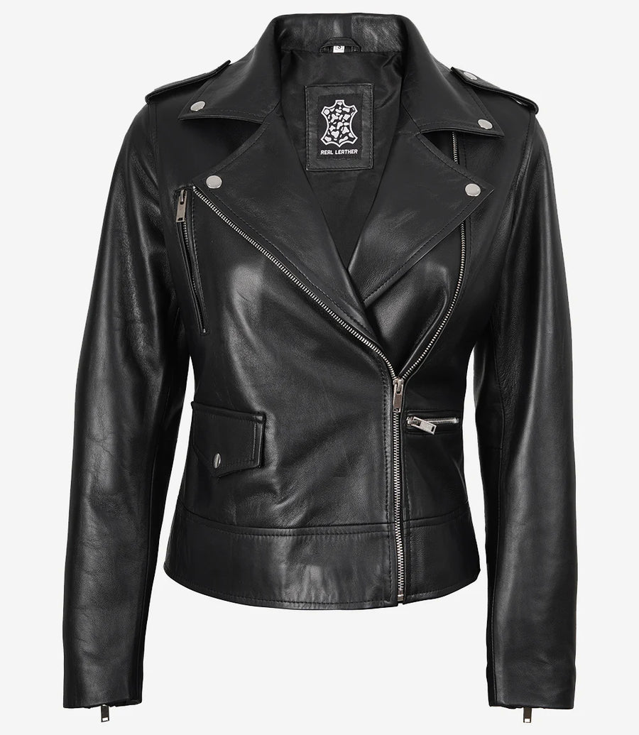 Women's Black Asymmetrical Biker Style Leather Jacket