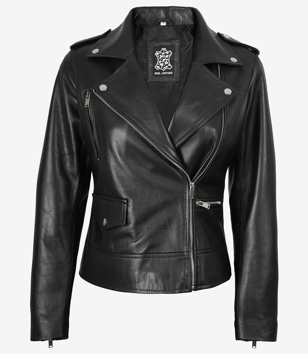 Women's Black Asymmetrical Biker Style Leather Jacket