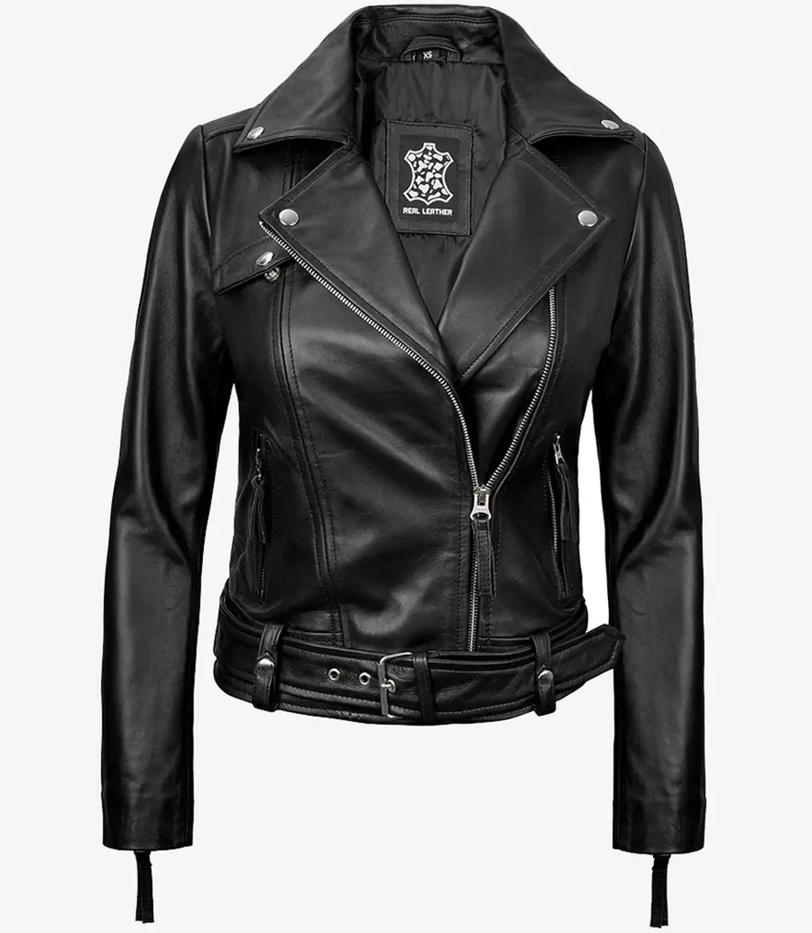 Women's Asymmetrical Biker Style Black Leather Jacket