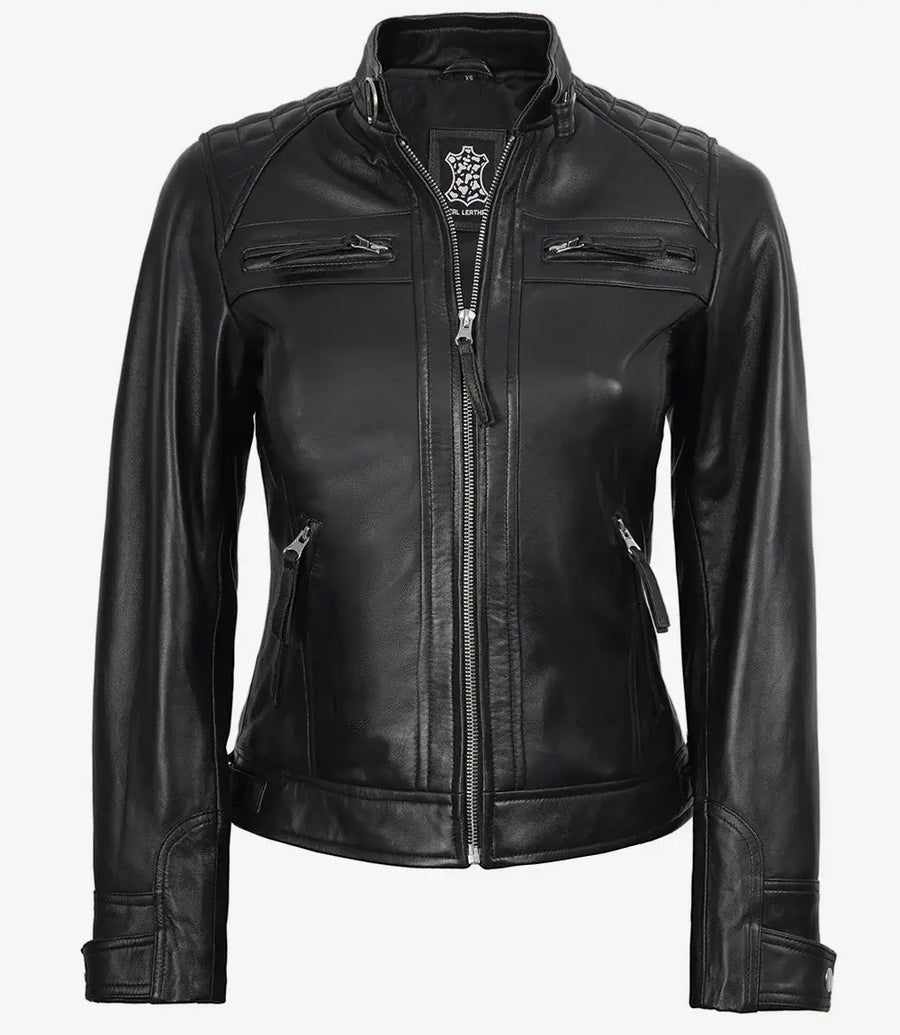Women's Quilted Shoulder Black Leather Biker Style Jacket