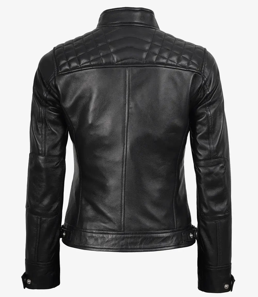 Women's Quilted Shoulder Black Leather Biker Style Jacket