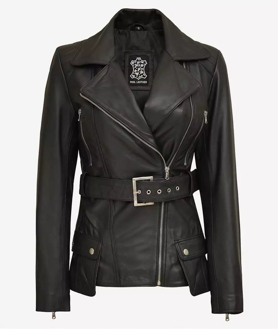 Women's Black Belted Long Biker Style Lambskin Leather Jacket