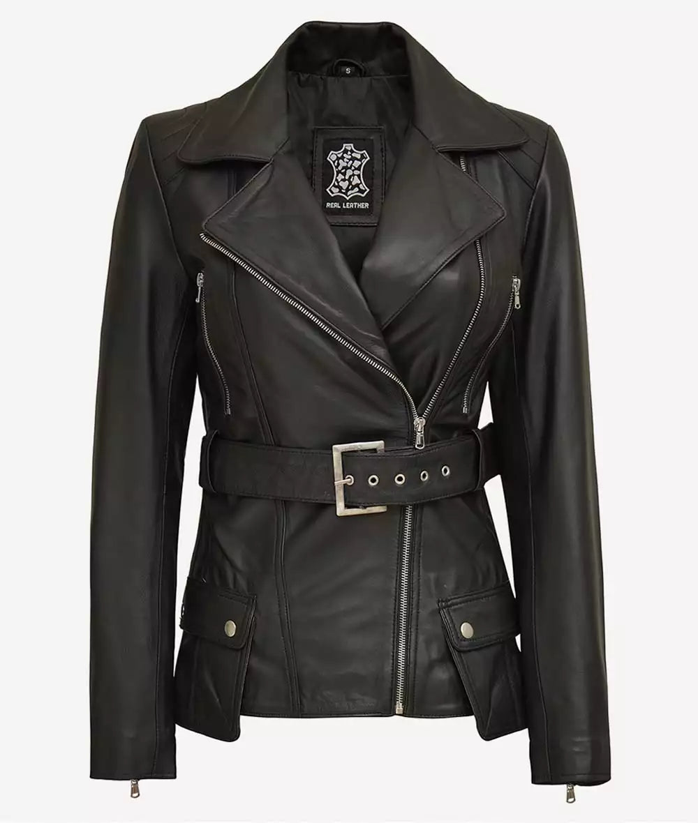 Women's Black Belted Long Biker Style Lambskin Leather Jacket