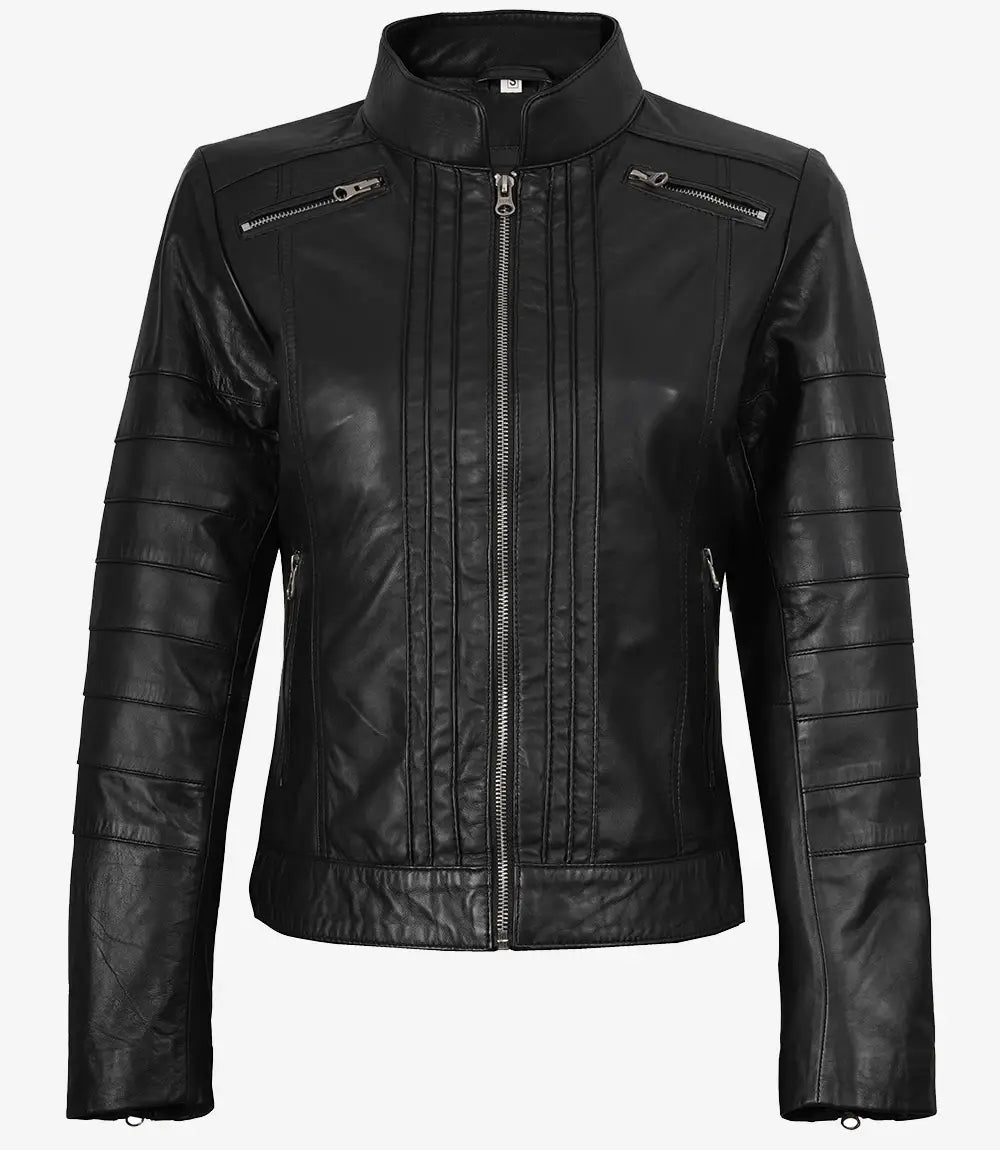 Women's Biker Style Black Sheepskin Leather Jacket