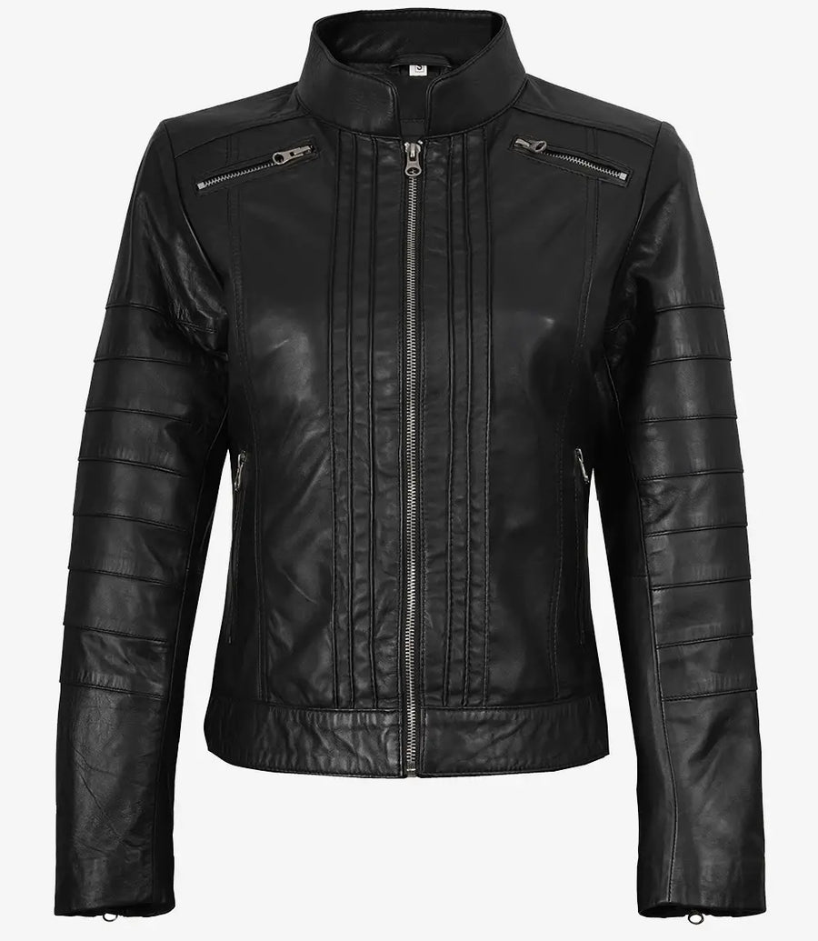 Women's Biker Style Black Lambskin Leather Jacket