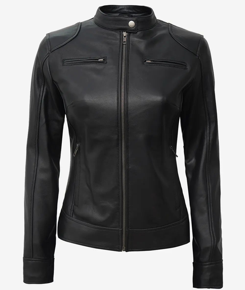 Women's Black Biker Style Sheepskin Leather Jacket