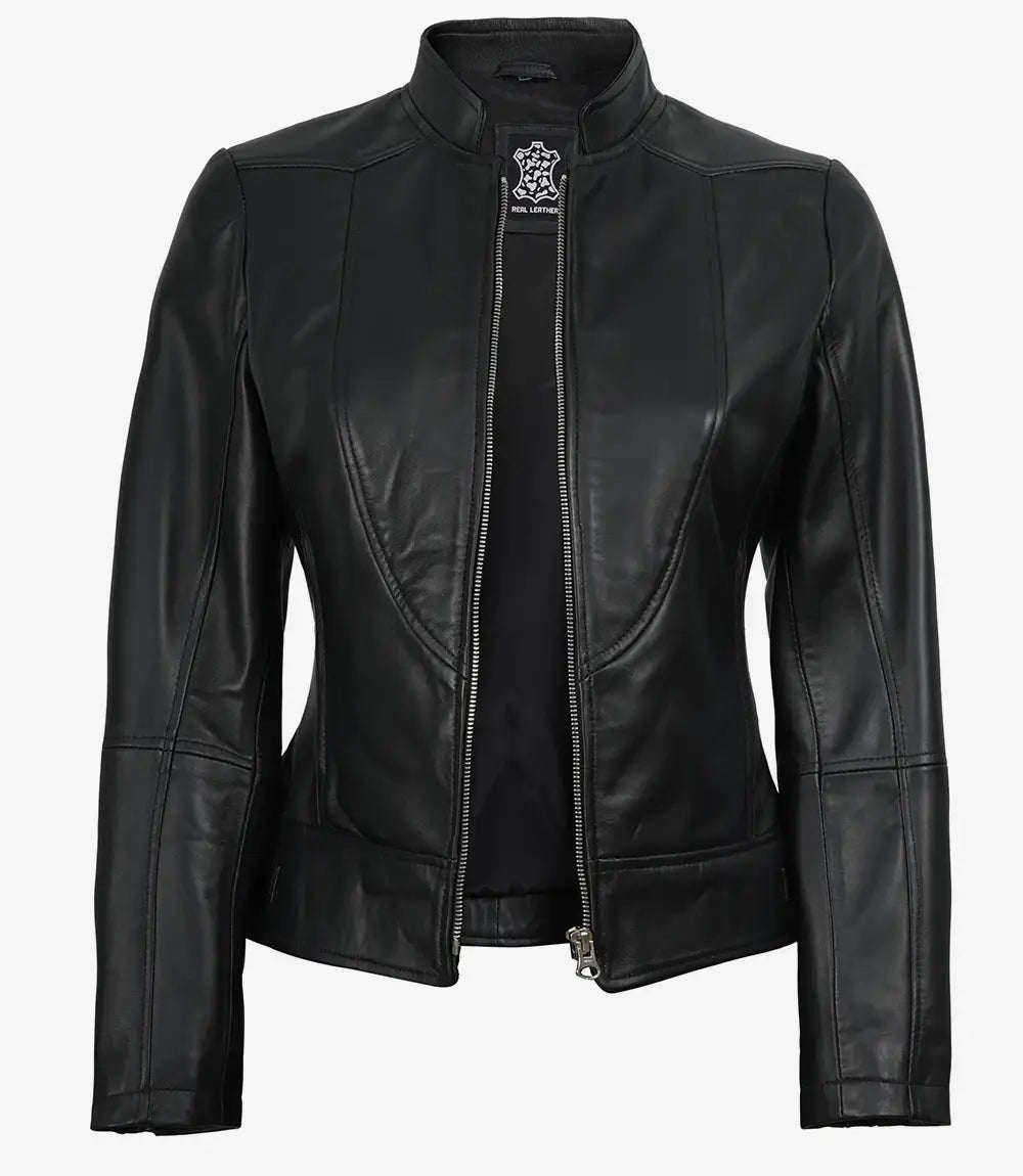 Women's Slim Fit Black Biker Style Sheepskin Leather Jacket