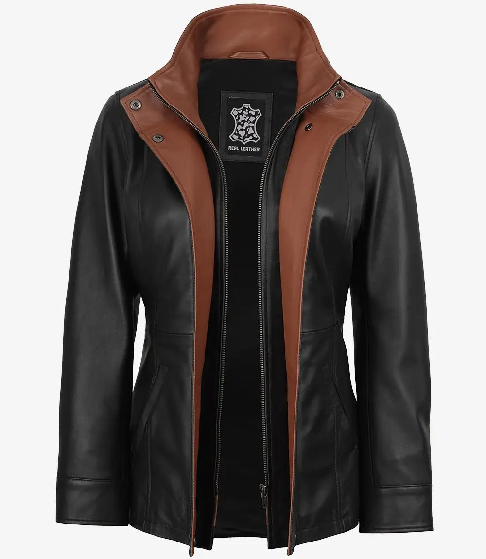 Women's High-Collar Black Lambskin Leather Jacket