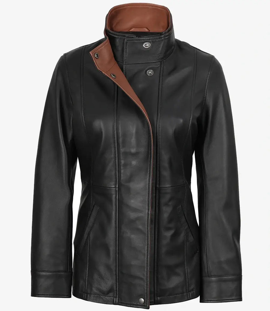 Women's High-Collar Black Lambskin Leather Jacket